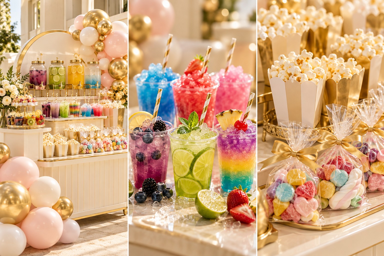 Illustrative Golden Drinks kids’ party concept with colourful layered drinks, slushies, popcorn and sweet packs