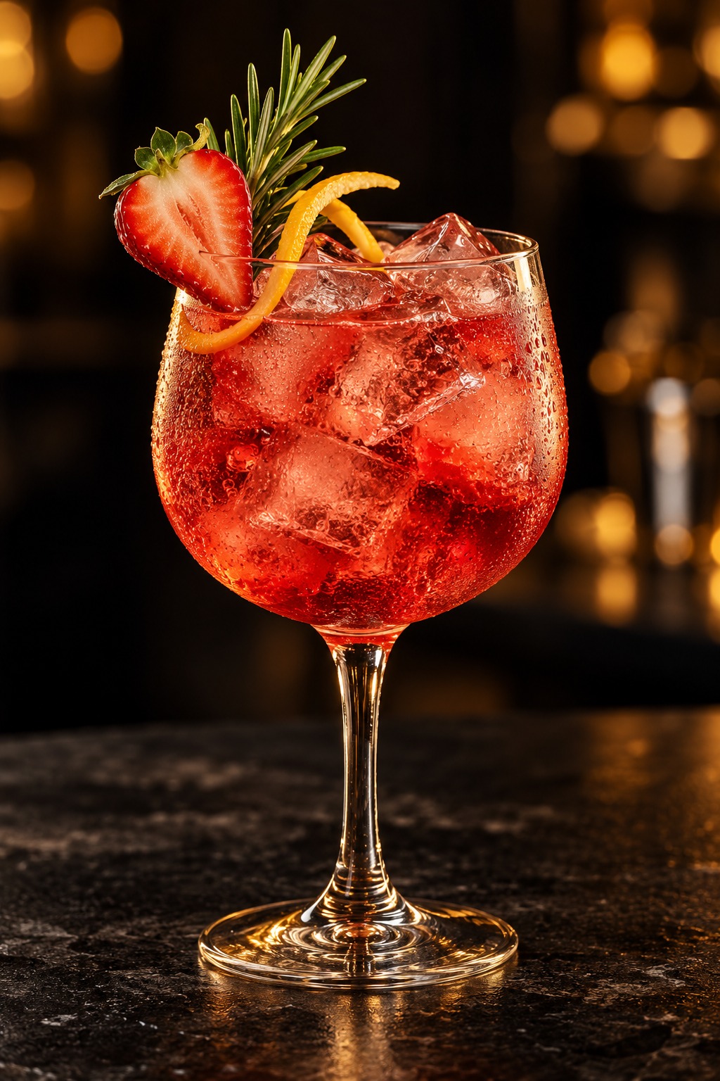 Ruby-red strawberry and citrus cocktail with rosemary garnish